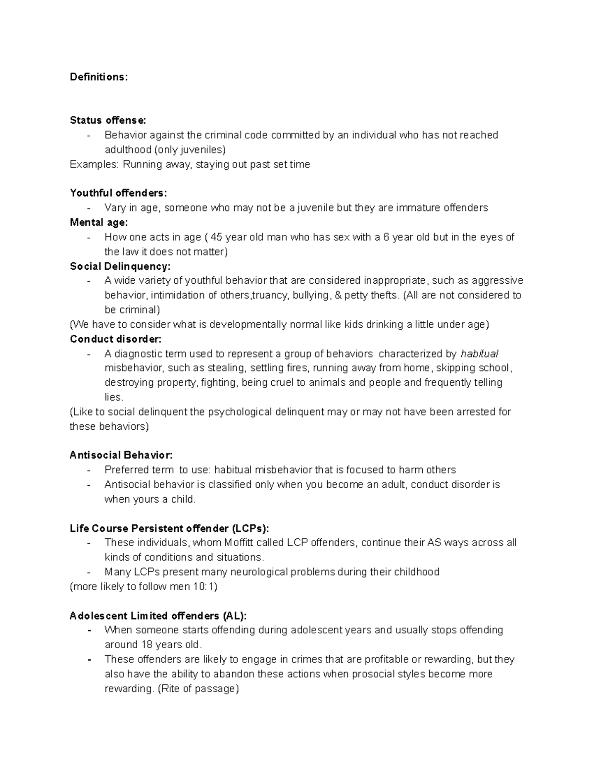 Definitions - Lecture notes 1-13 - Definitions: Status offense ...