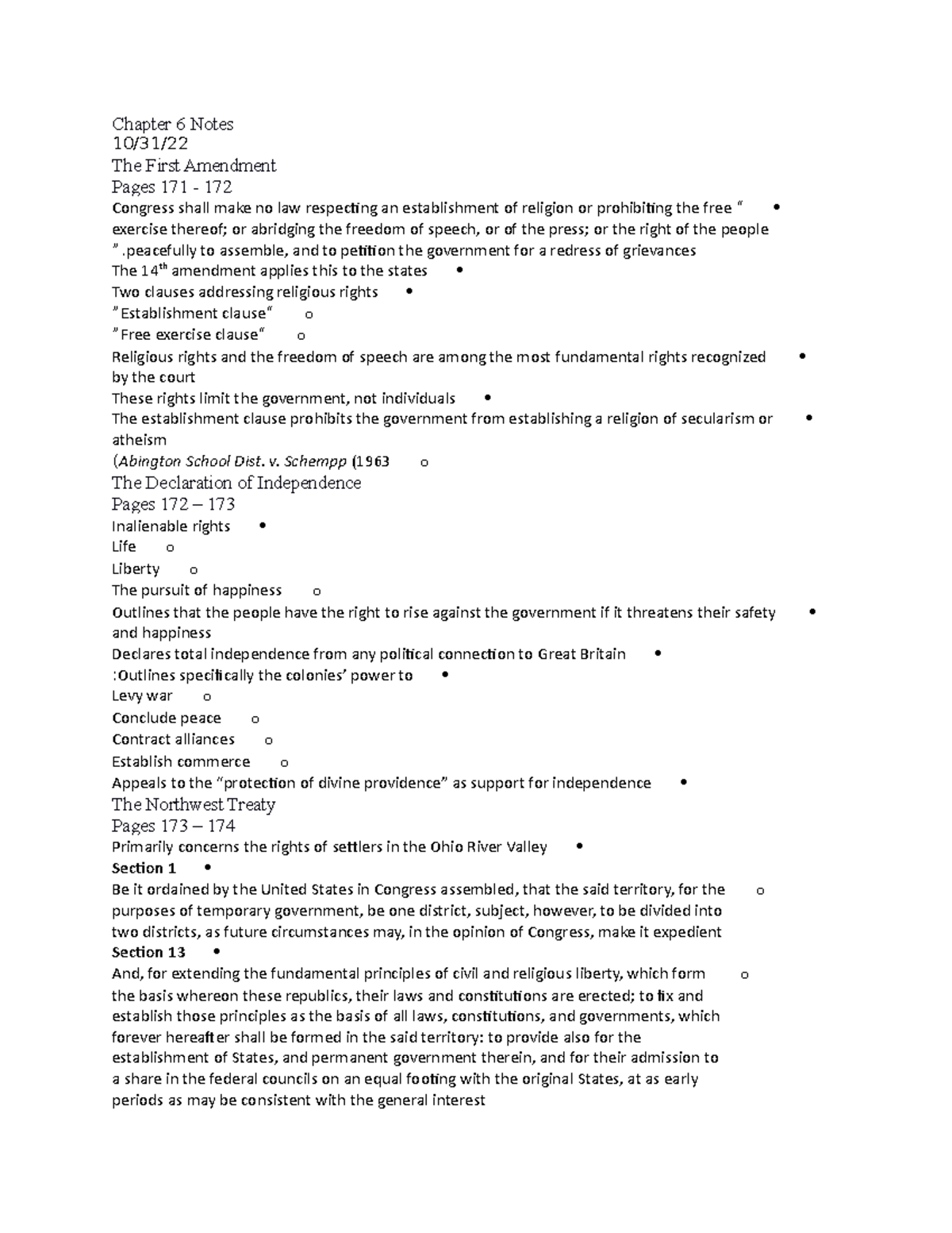 Chapter 6 - Chapter 6 Notes 10/31/ The First Amendment Pages 171 - 172 ...