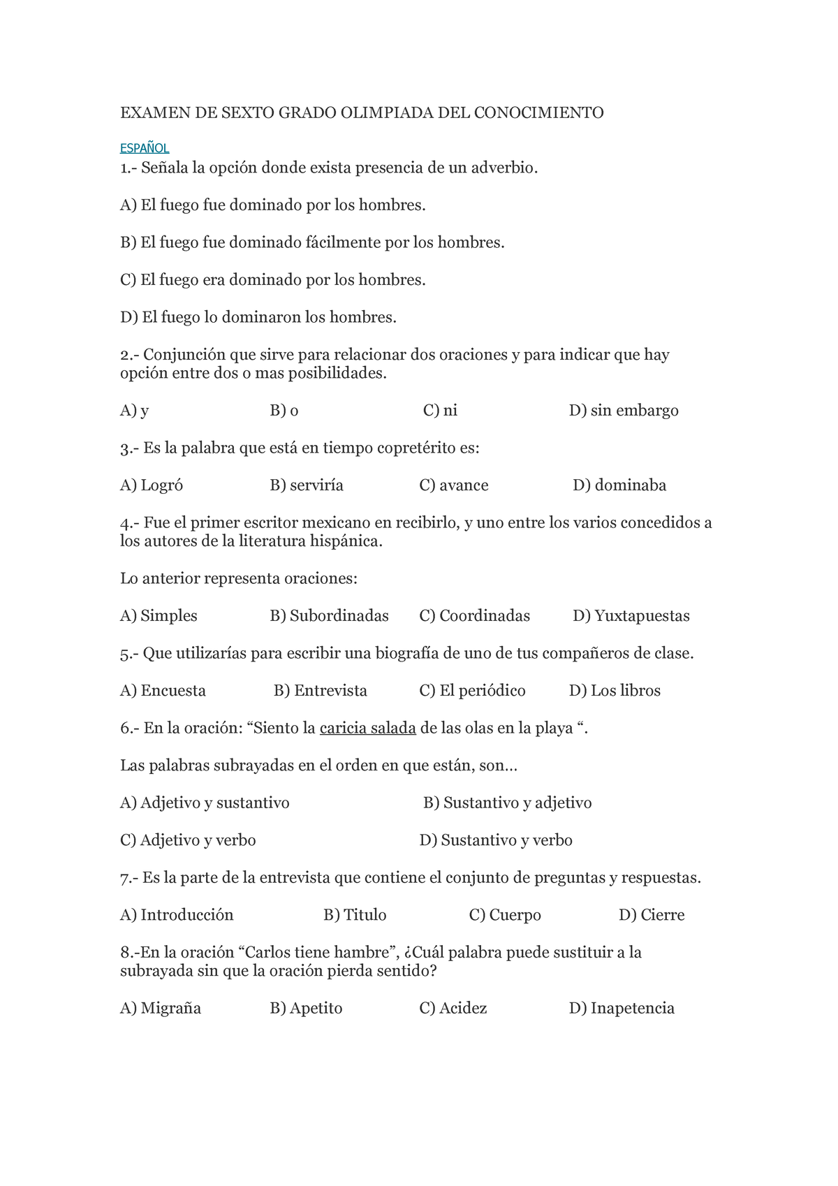 Examen De Sexto Grado Olimpiada Del Conocimiento Examen De Sexto