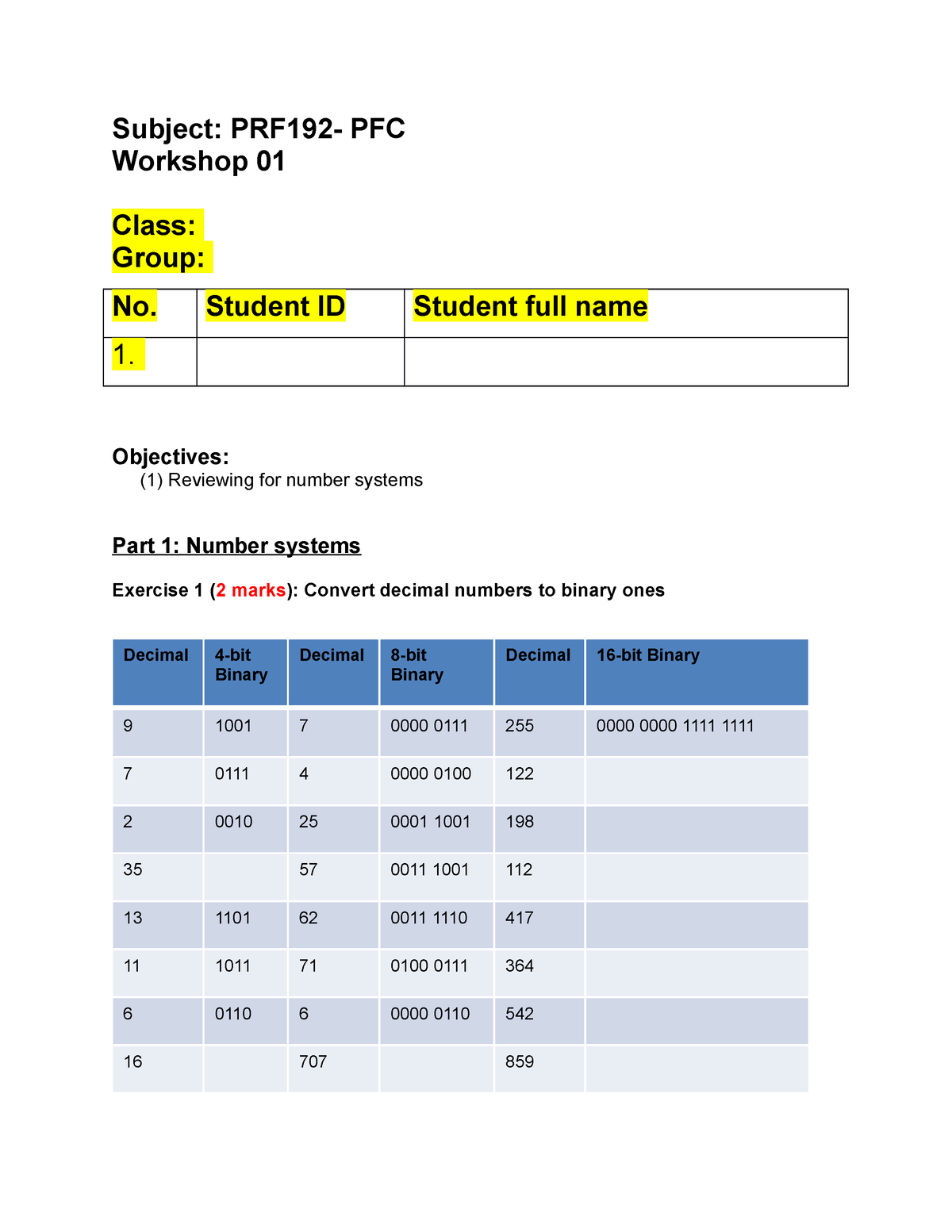 FA23 PRF192 WS01 - Wwrewe - Subject: PRF192- PFC Workshop 01 Class ...