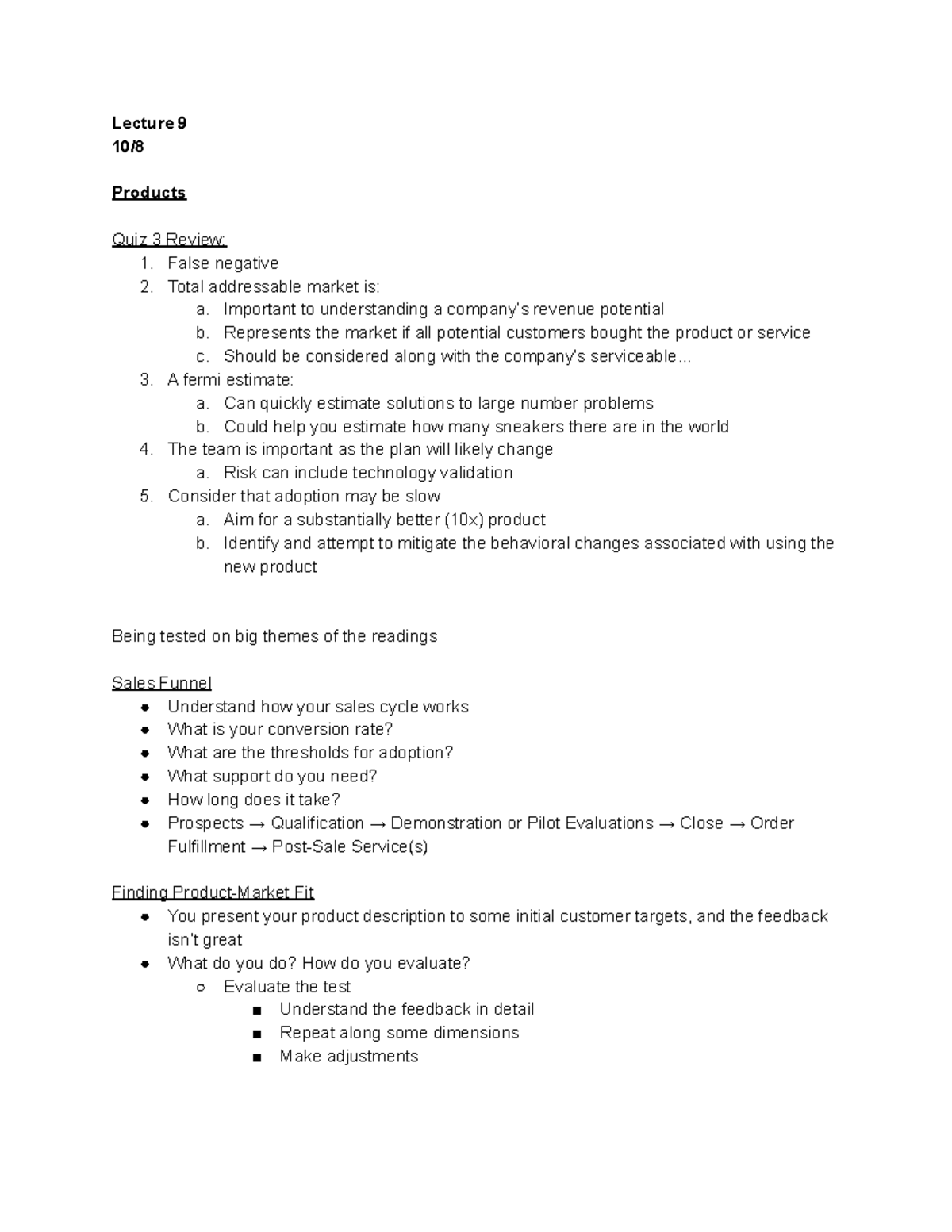 ES212 Lecture 9 - Lecture 9 10/ Products Quiz 3 Review: 1. False ...