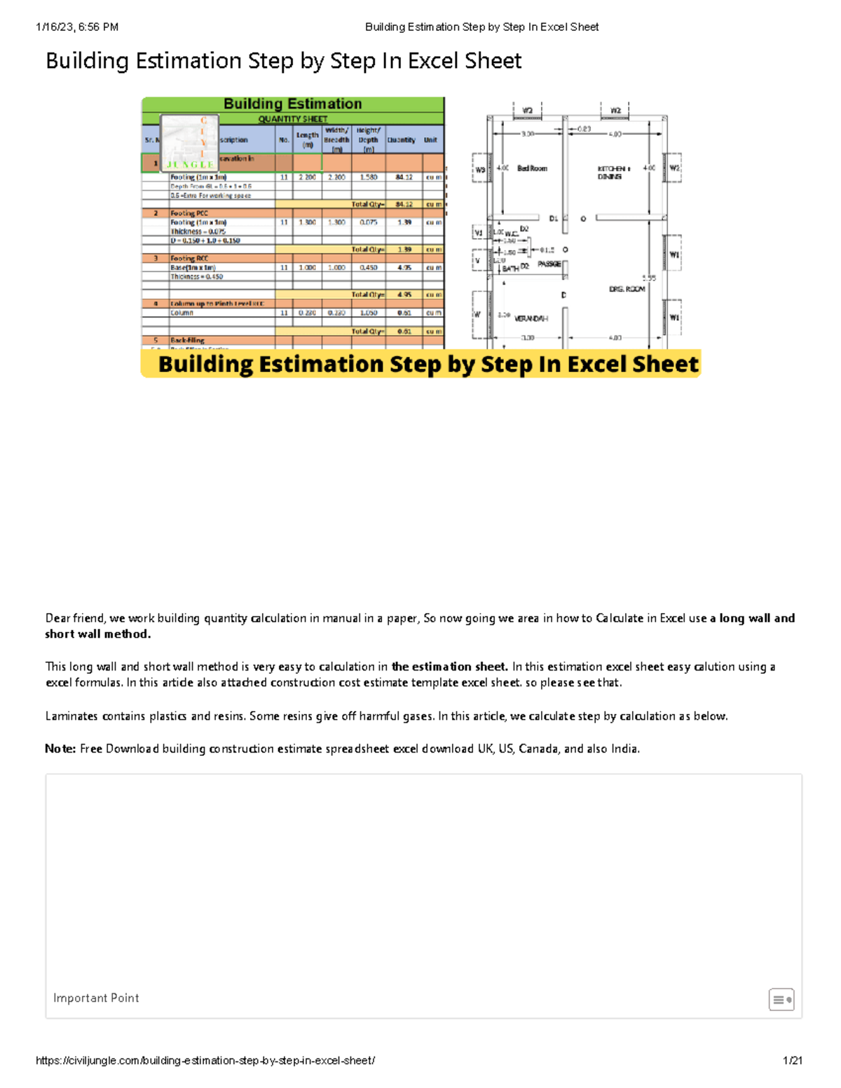 Detailed Estimation of Building with Plan PDF - Building Estimation