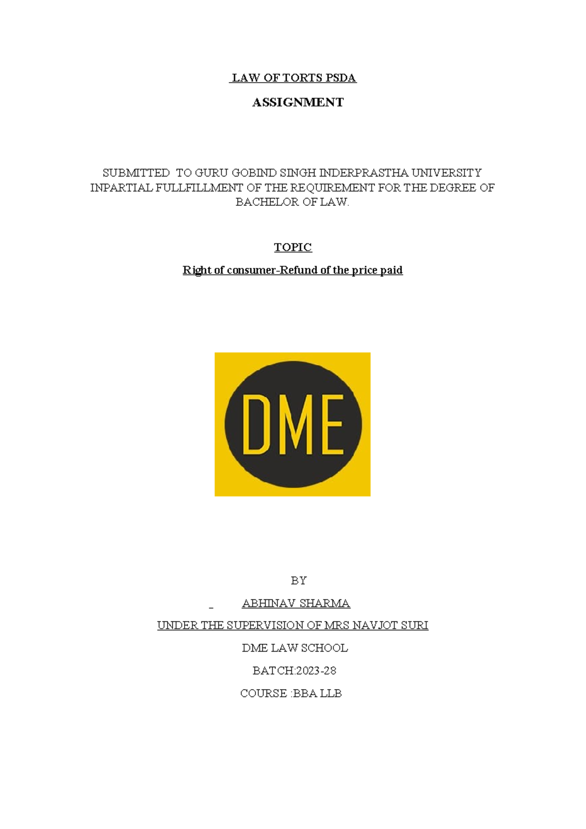 LAW OF Torts PSDA WORD - BBA LLB - LAW OF TORTS PSDA ASSIGNMENT ...