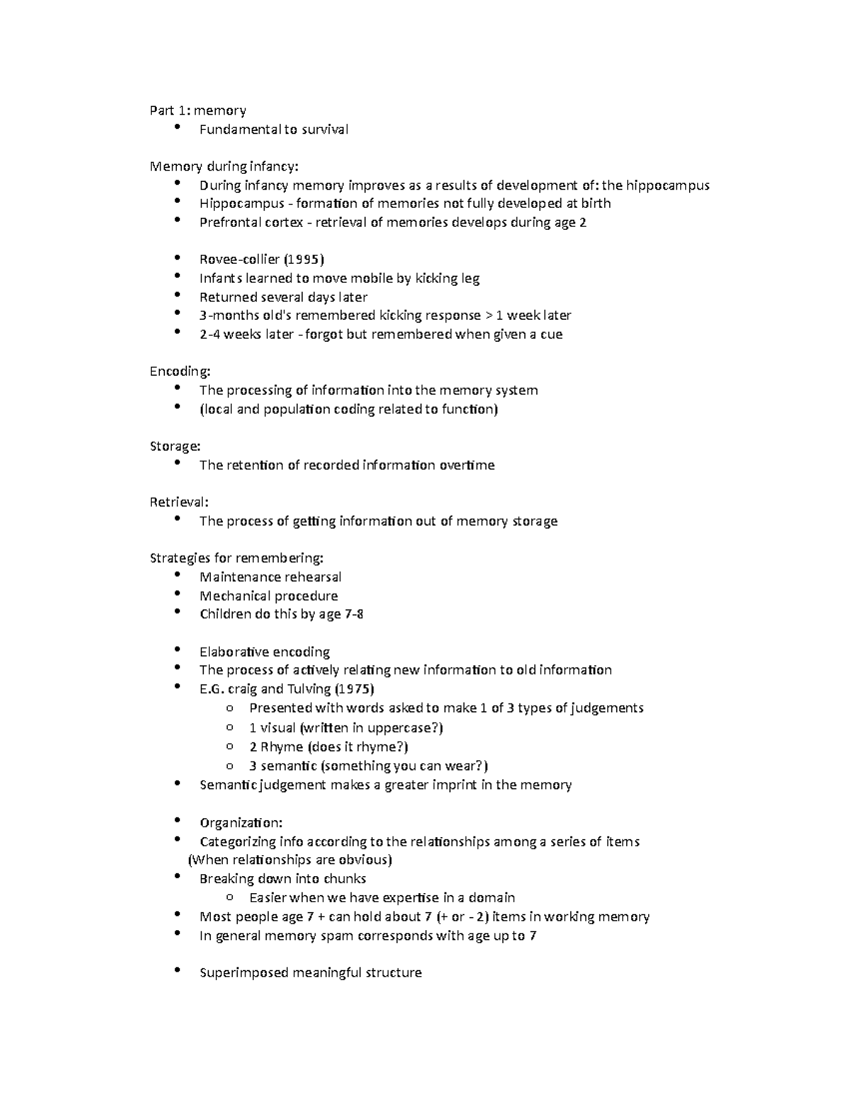 2410b - week 6 summary - Part 1: memory Fundamental to survival Memory ...
