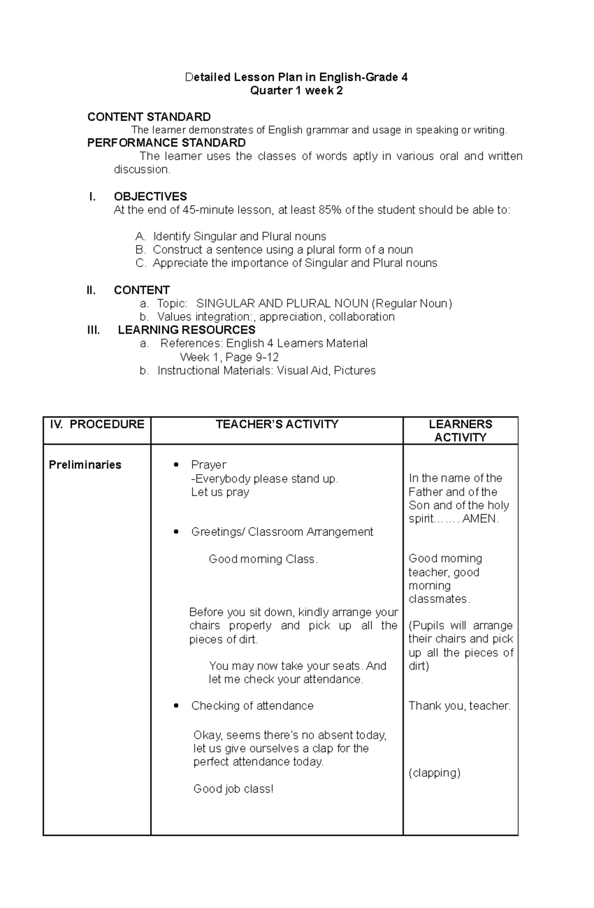 lesson plan class 4 english ncert