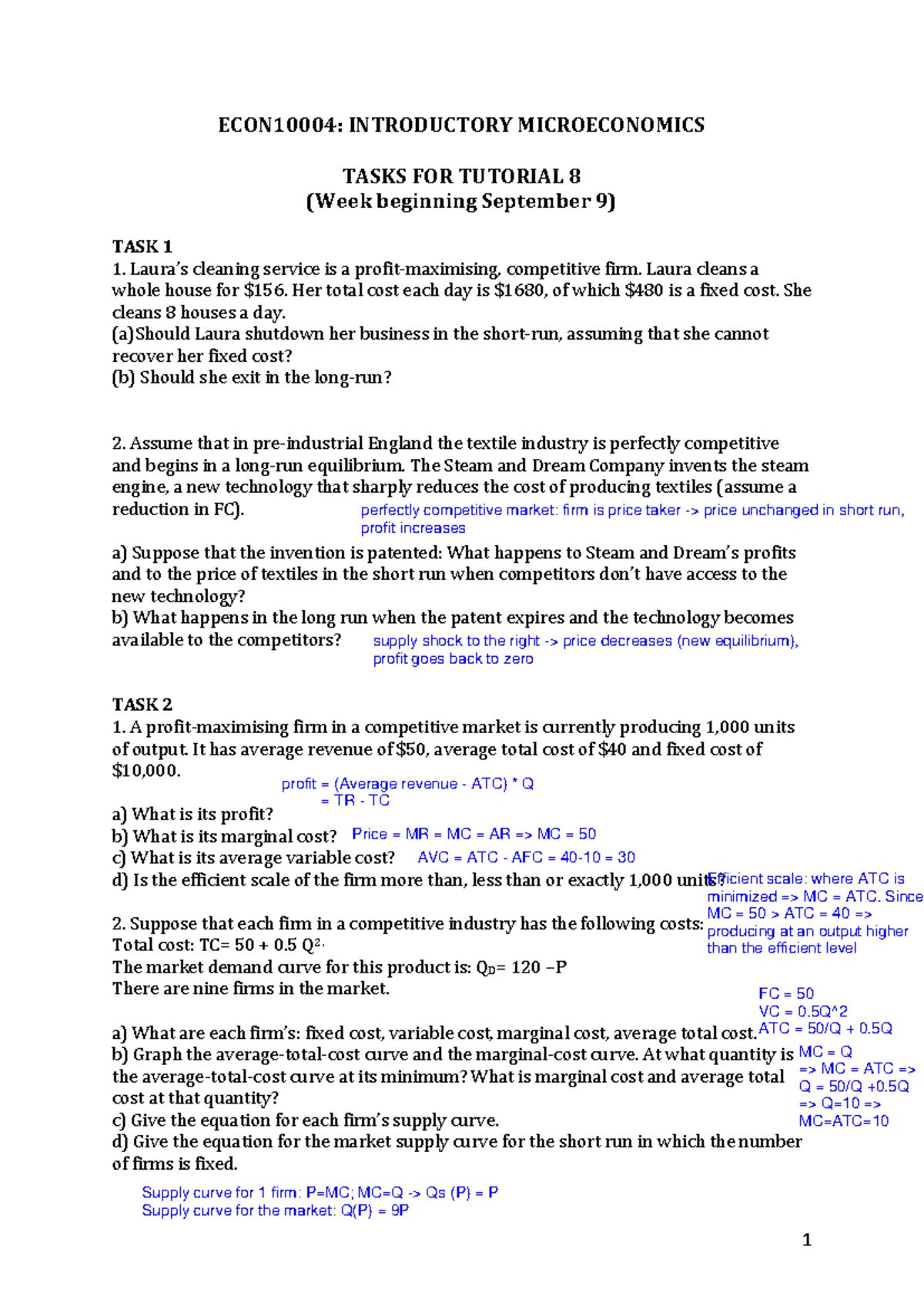 Week 8 Tutorial Questions - 1 ECON10004: INTRODUCTORY MICROECONOMICS ...