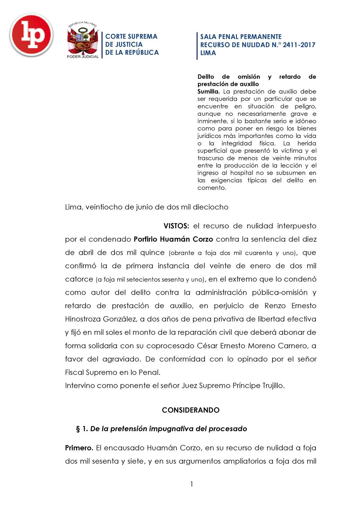 R.N.-2411-2017-Lima-Legis.pe . Omision - SALA PENAL PERMANENTE RECURSO ...