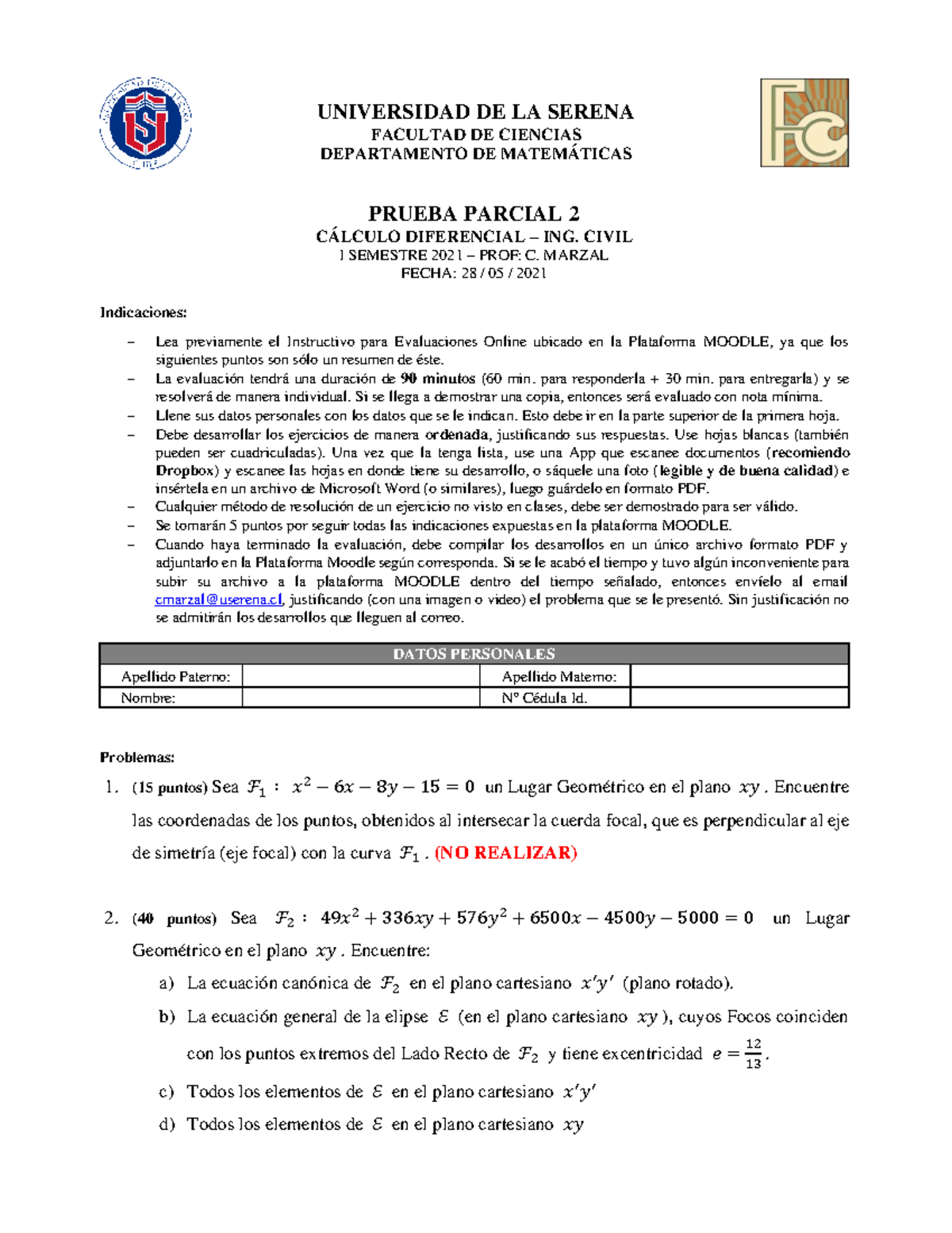 Prueba Parcial 2 - CÃ Lculo Diferencial (S1-2021) (v - UNIVERSIDAD DE ...