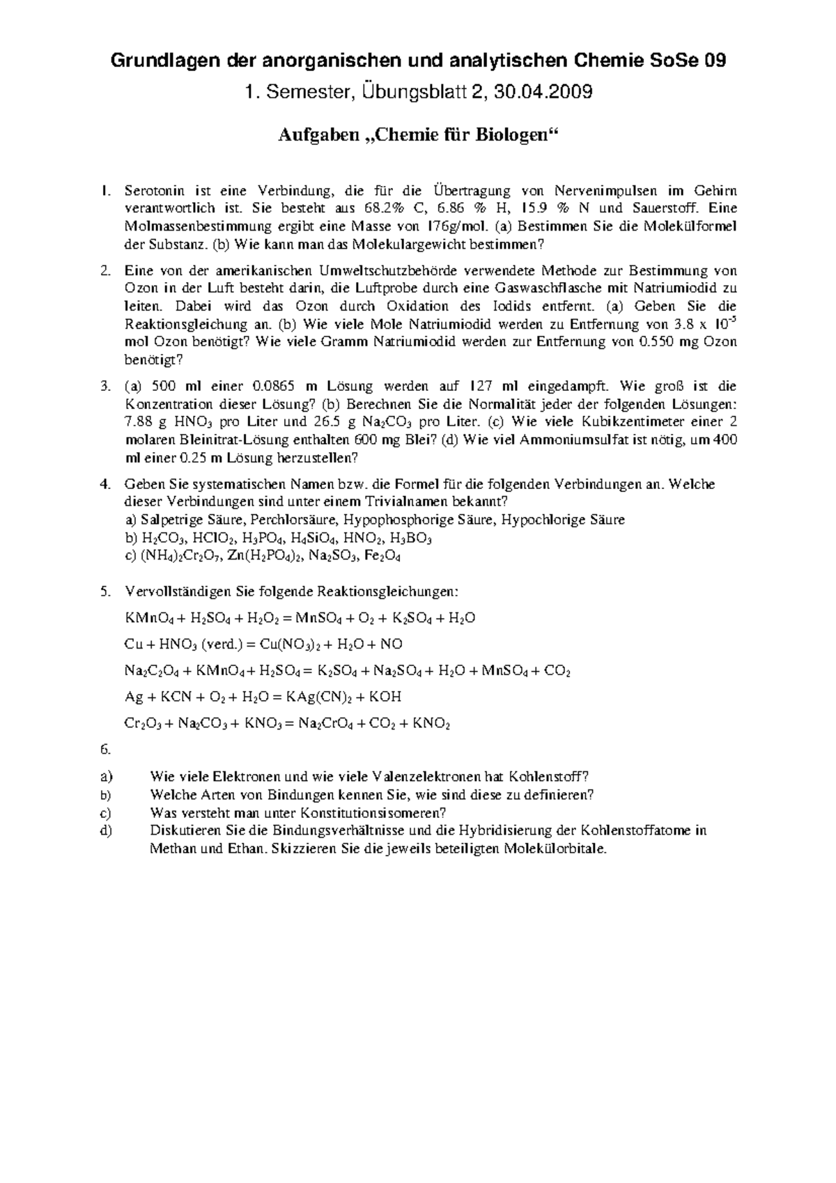 Grundlagen Der Anorganischen Und Analytischen Chemie Sose 09 ...