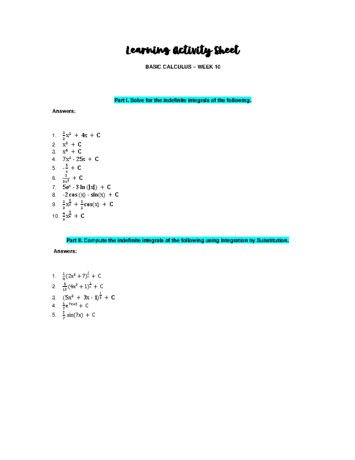 Calculus Learning Activity - Learning Activity Sheet BASIC CALCULUS ...