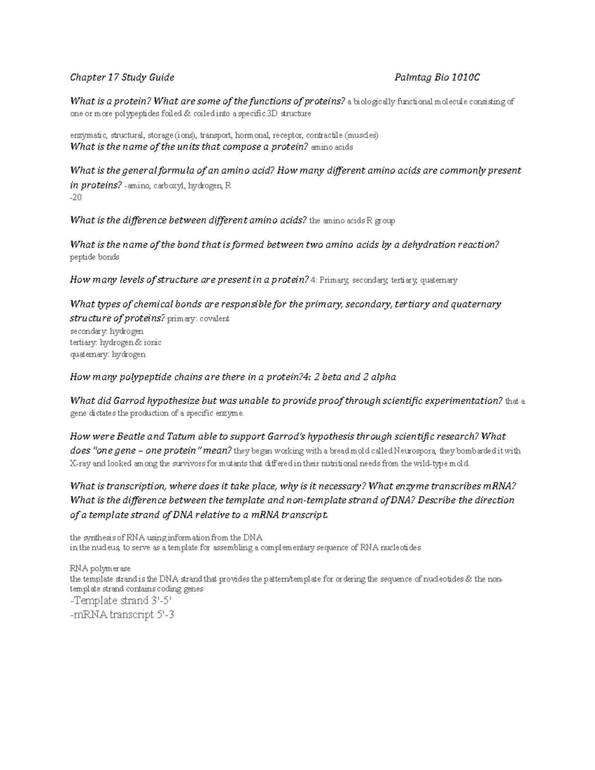 Chapter 17 study guide-2 - Chapter 17 Study Guide Palmtag Bio 1010C ...