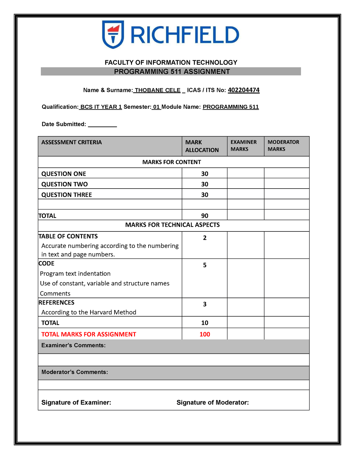 Programming 511 Assignment - FACULTY OF INFORMATION TECHNOLOGY ...