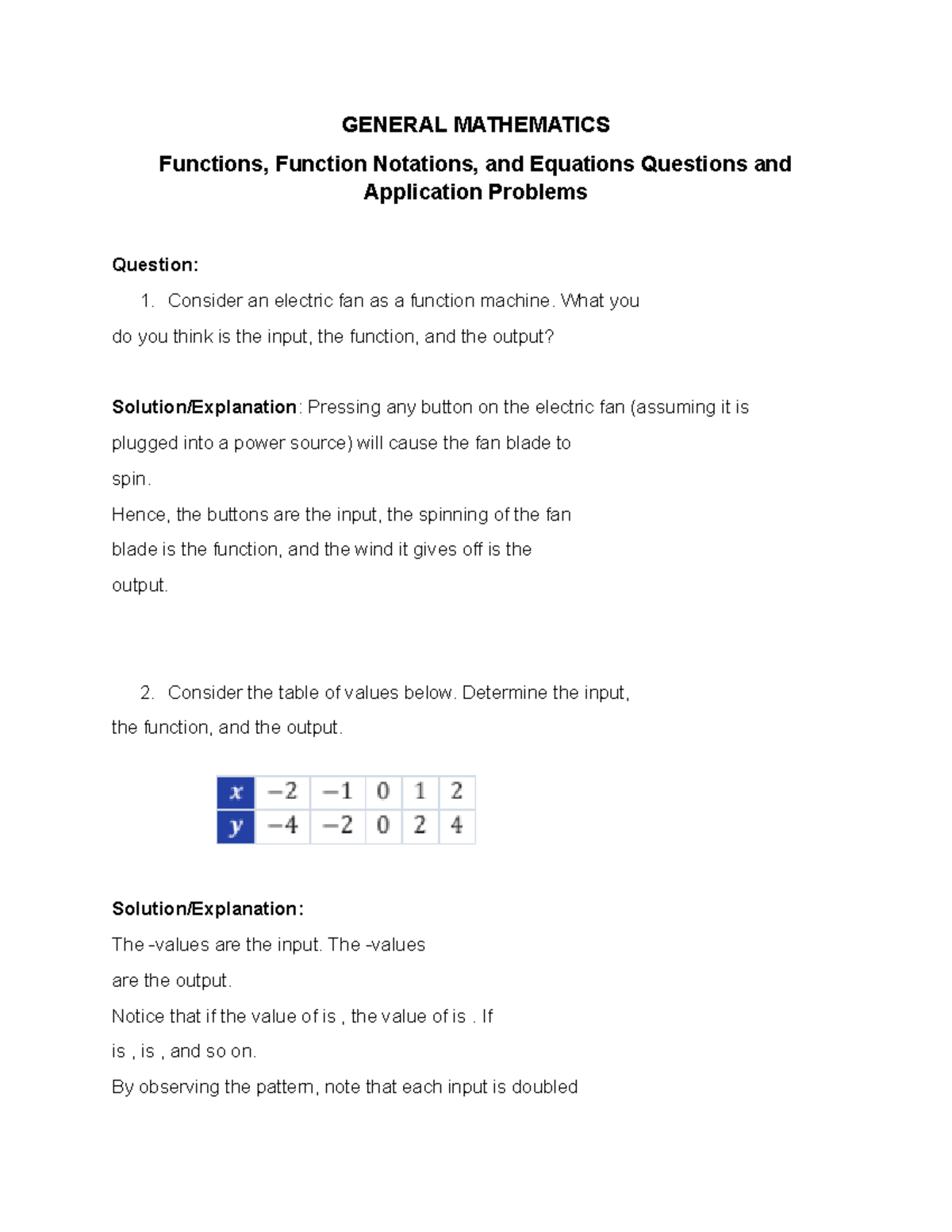 Functions, Function Notations, and Equations Questions and Application ...