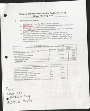 Unit I Practice Quiz - Unit I Quiz: Managerial Accounting Concepts And ...