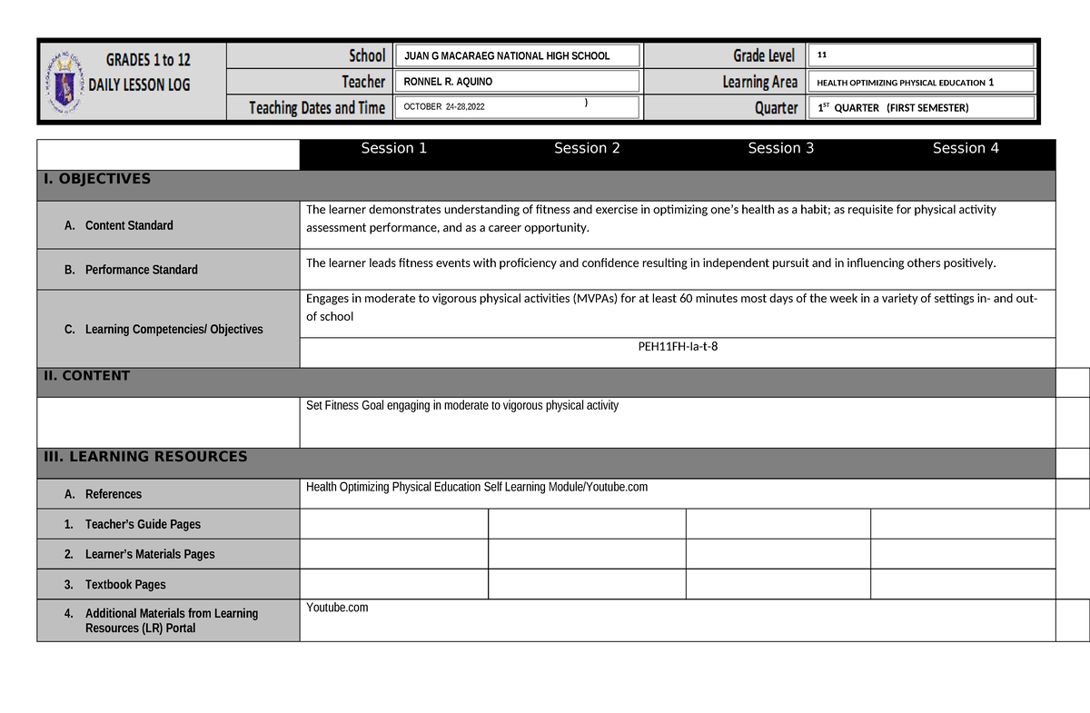 PE 11 DLL october 24 28 - Session 1 Session 2 Session 3 Session 4 I ...