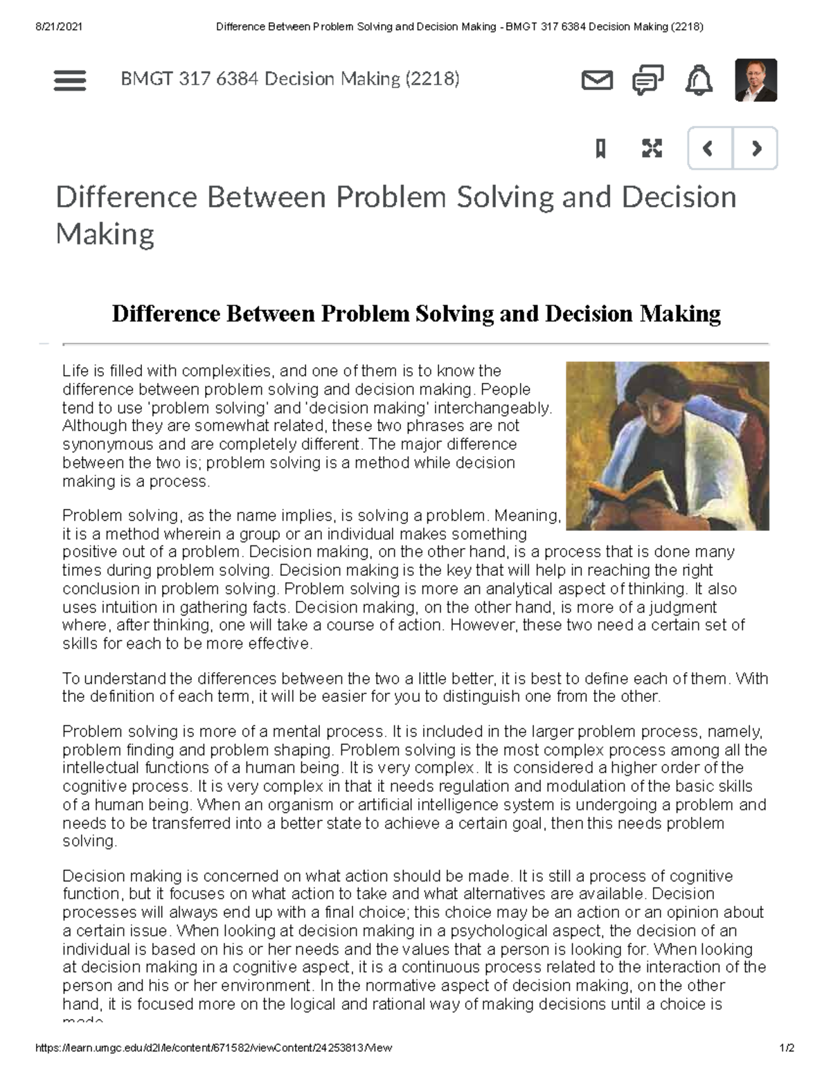 Week 1 - Difference Between Problem Solving and Decision Making - 8/21 ...
