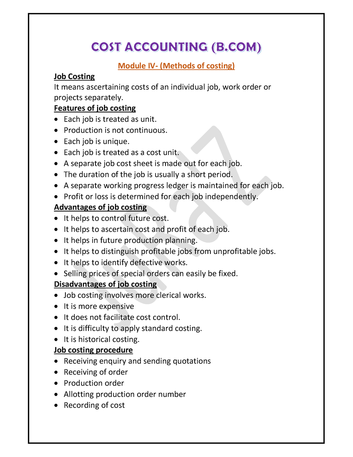 Cost Accounting- Bcom- Module 4 - Module IV- (Methods Of Costing) Job ...