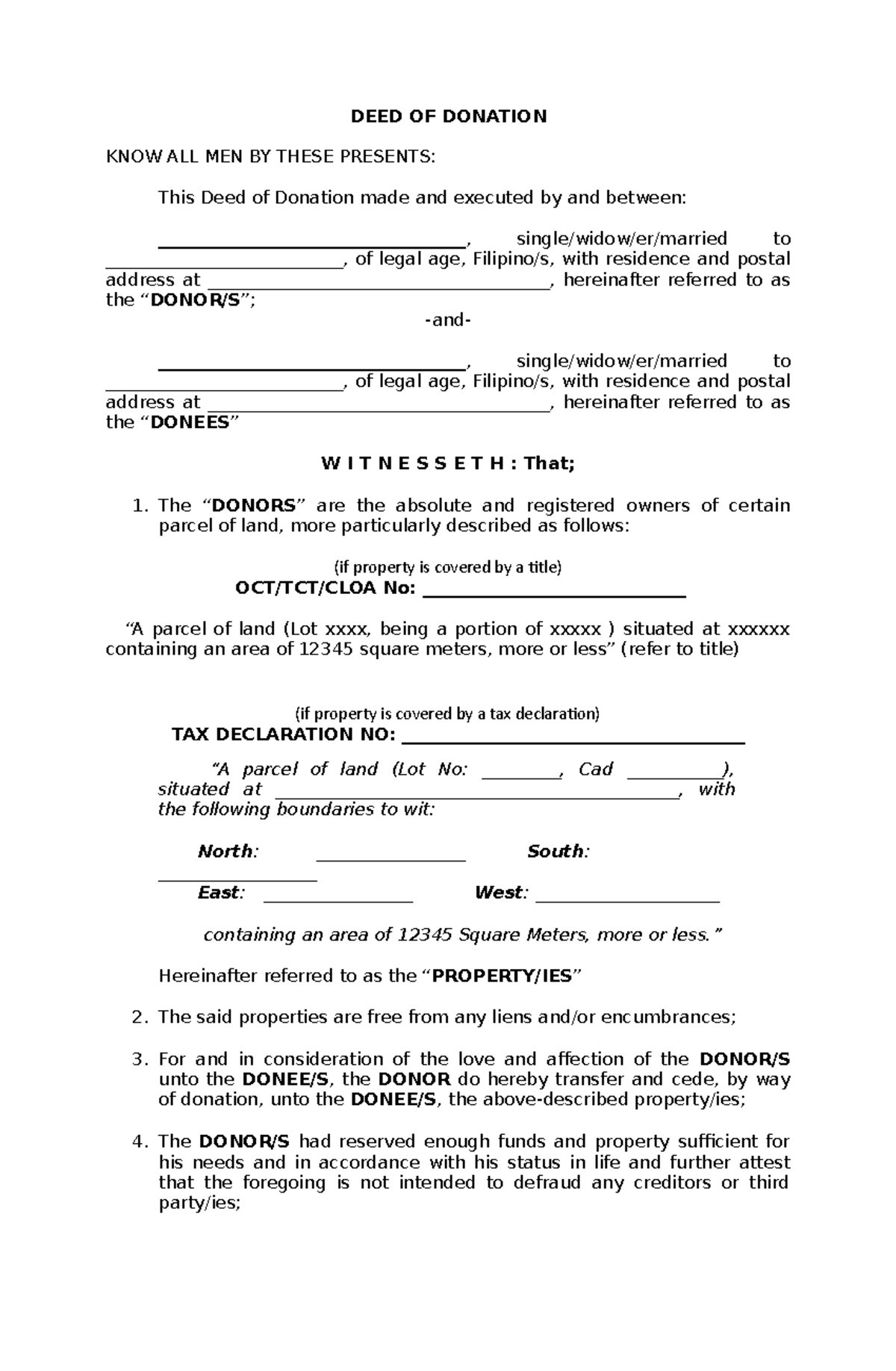 Blank DEED OF Donation - DEED OF DONATION KNOW ALL MEN BY THESE ...