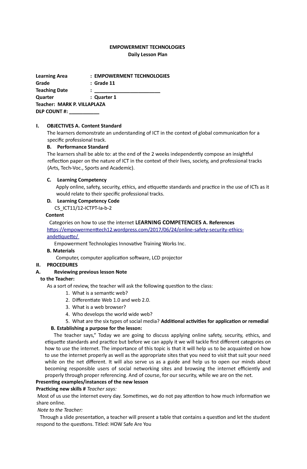 Cs Ict11 12 Ictpt Ia B 1 - LESSON PLAN - EMPOWERMENT TECHNOLOGIES Daily ...