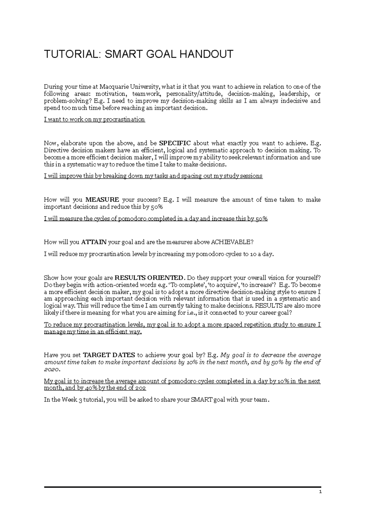 Smart Goals Handout - Lecture notes for week 1 - TUTORIAL: SMART GOAL ...