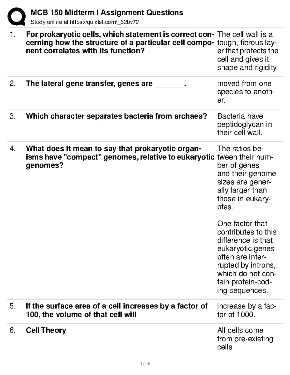 MCB 150 Midterm I Assignment Questions Study online at quizlet/_62bv