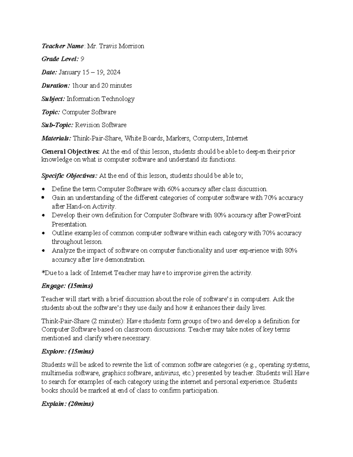 Grade 9 software lesson jan 24 - Teacher Name: Mr. Travis Morrison ...