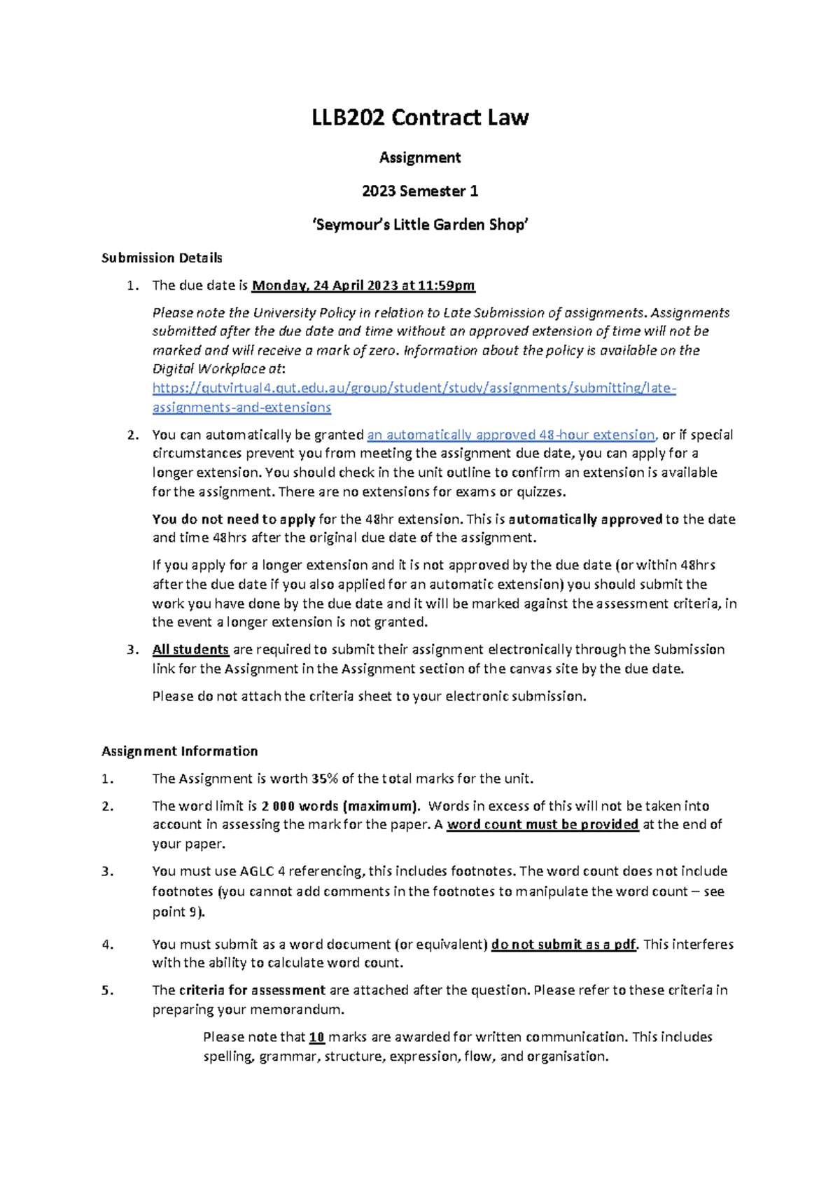 Contract Interpretation - LLB202 Contract Law Assignment 2023 Semester ...