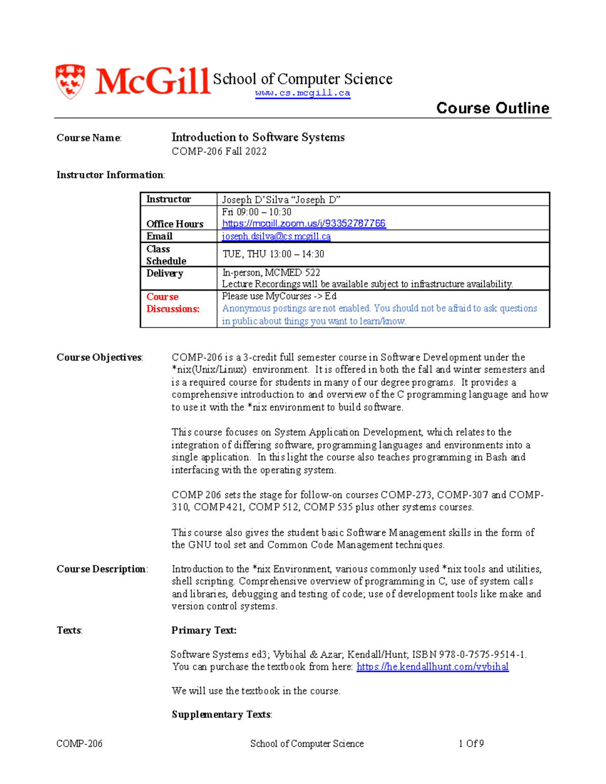 COMP 206 Course Outline - F2022 - Copy - School of Computer Science cs ...