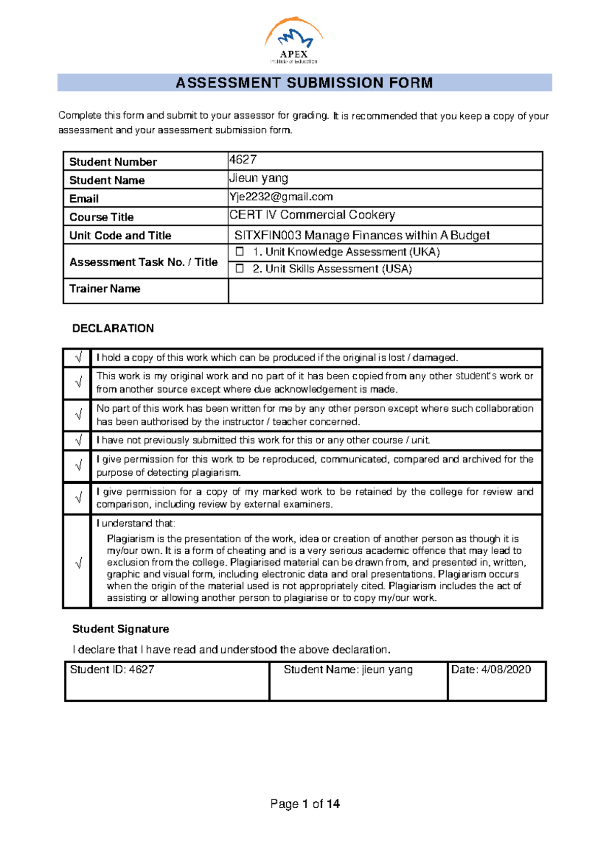 Sitxfin 003 Manage Finances Within A Budget - ASSESSMENT SUBMISSION ...