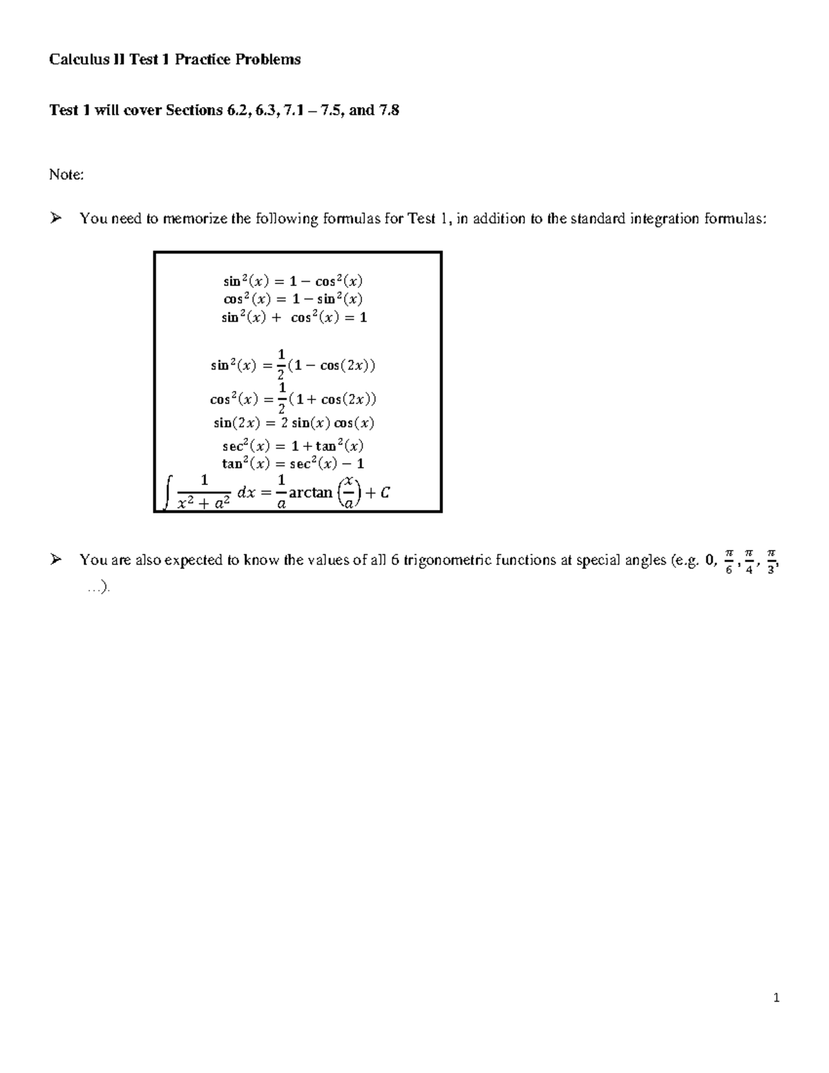 Test 400 And Deca 300 Cycle 1062+Test+1+Practice+Problems - Calculus II Test 1 Practice Problems