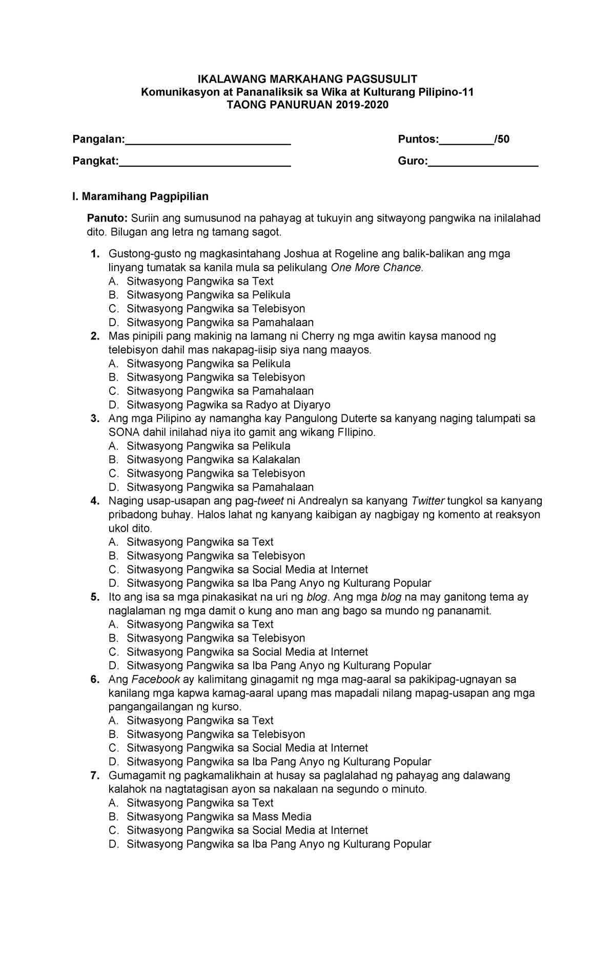 Summative TEST Ikalawang- Markahang- Pagsusulit- Komunikasyon-2019-2020 ...