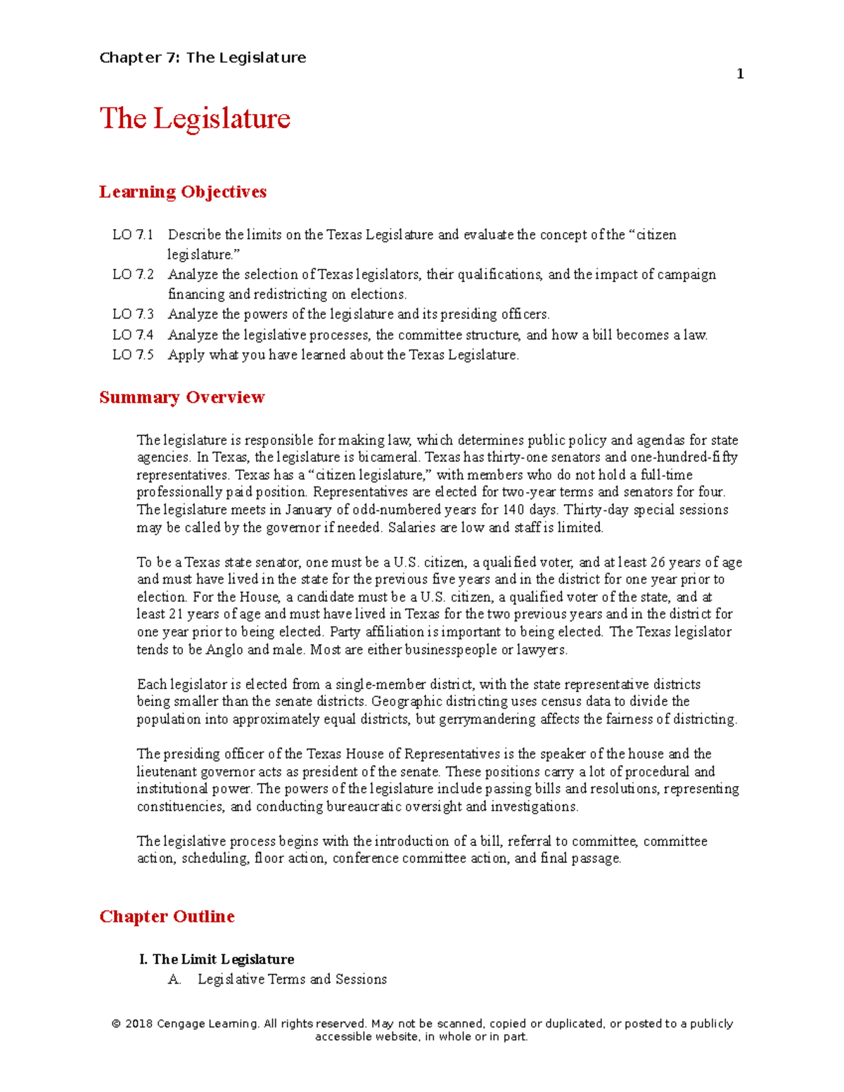 Student Guide Chapter 7 - 1 The Legislature Learning Objectives LO 7 ...