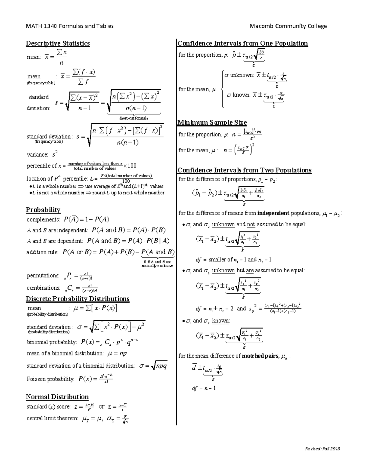 Formula Card - MCC MATH 1340 - Descriptive Statistics (frequency table ...