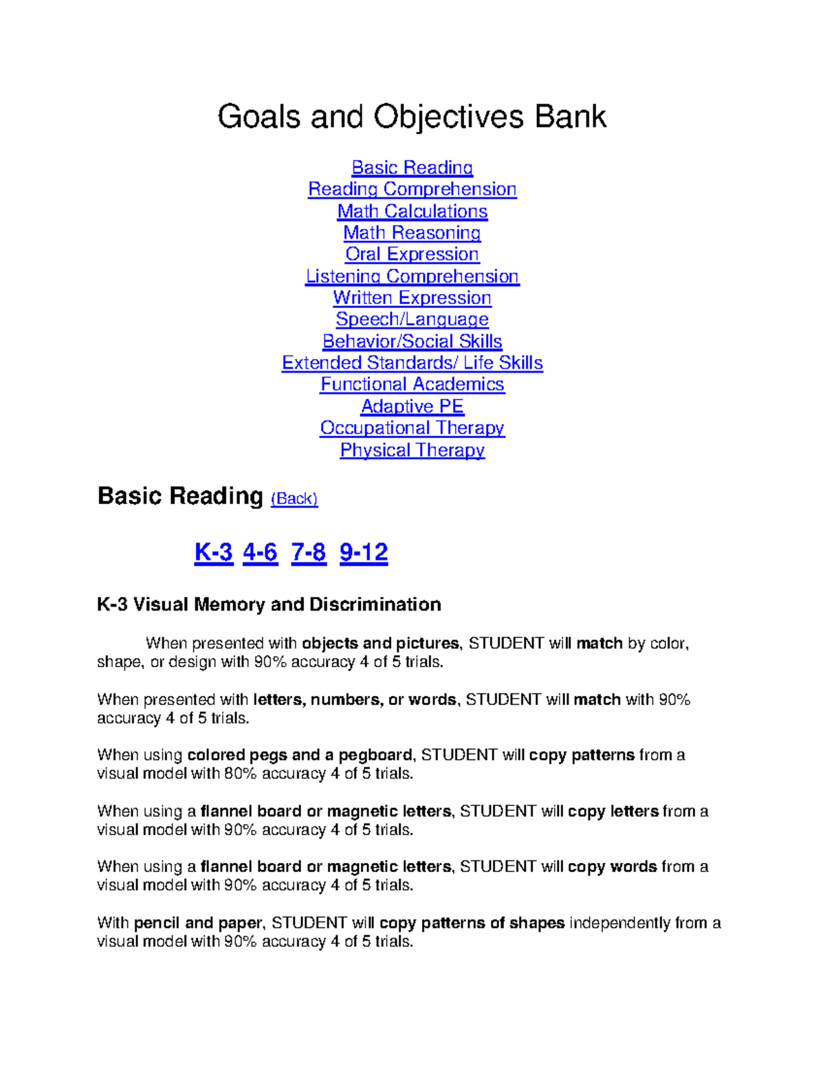 IEP Goal Bank report Goals and Objectives Bank Basic Reading Reading Comprehension Math