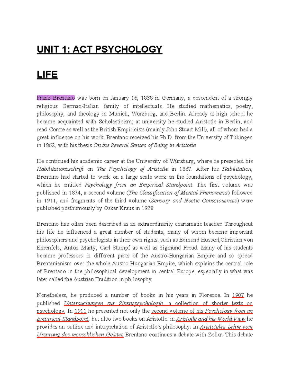 ACT Psychology - UNIT 1: ACT PSYCHOLOGY LIFE Franz Brentano was born on ...