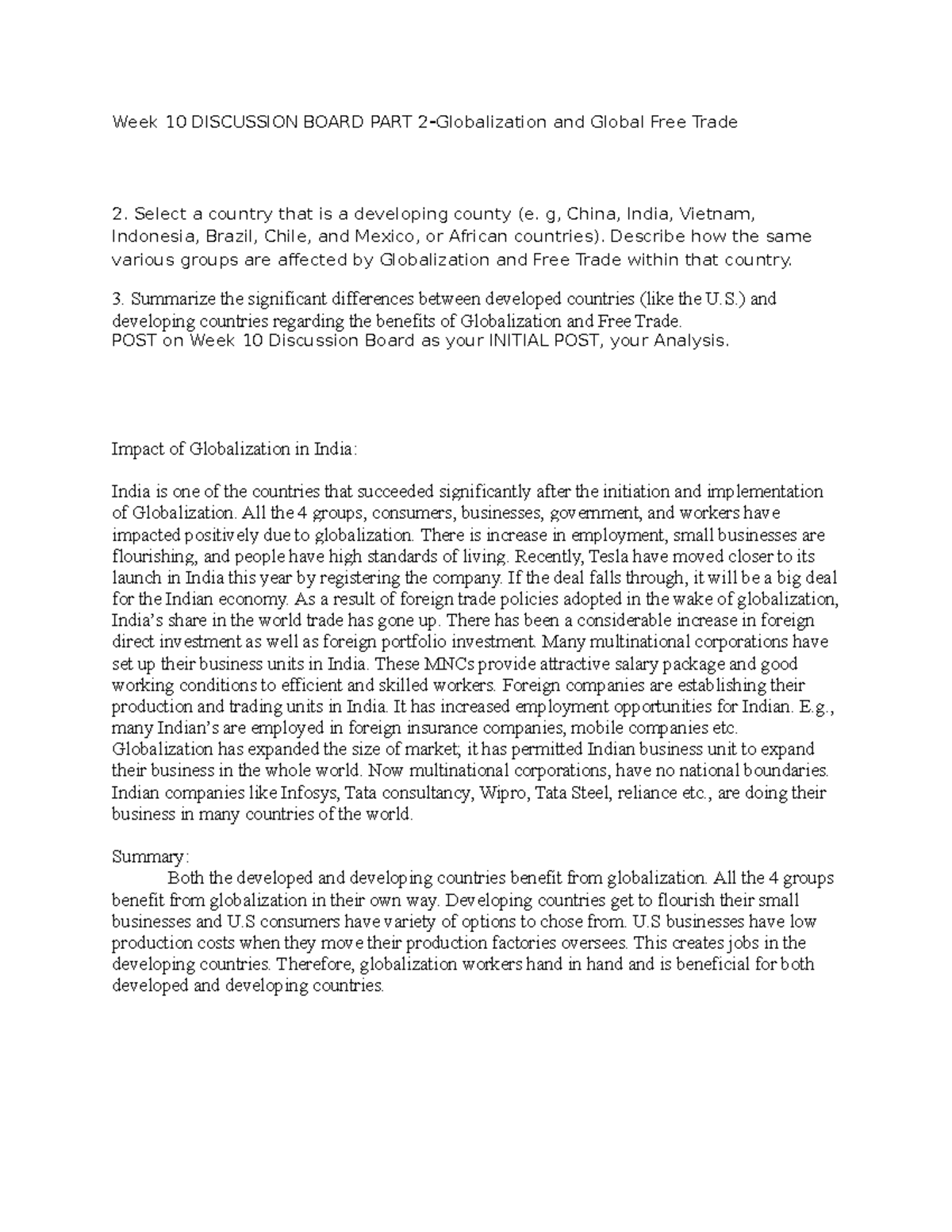 Week 10 DISCUSSION BOARD Part 2 -Globalization and Global Free Trade ...
