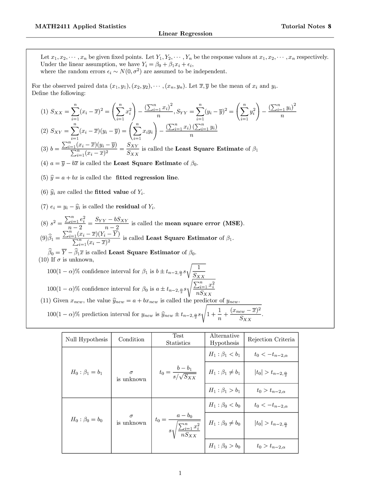 Tn08 Dave Au Applied Statistics Math2411 Tutorial Notes 11 Math2411 Applied Statistics Linear Regression Let X1 X2 Be Given Fixed Points Let Y1 Y2 Yn Be Studocu