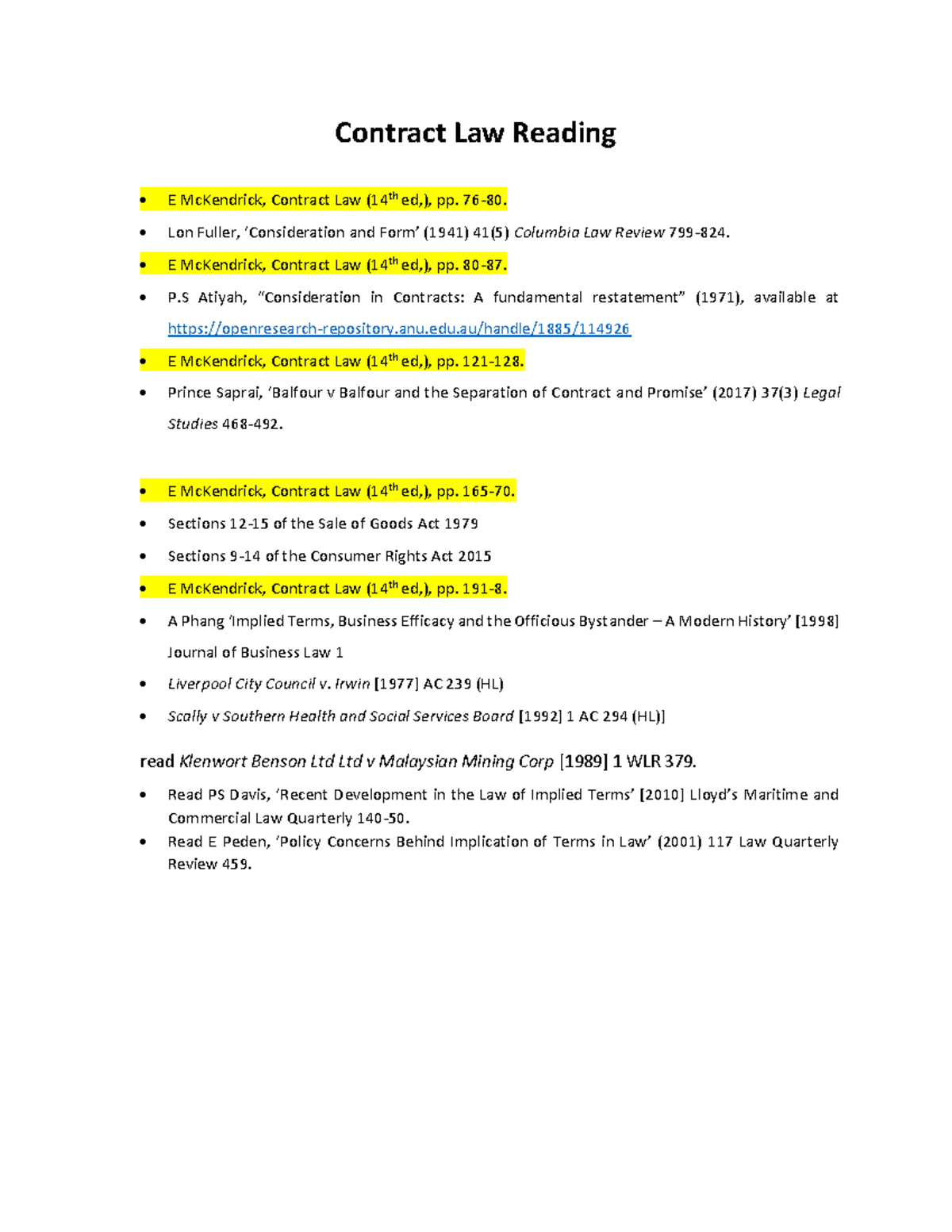 Contract Law Reading - 76-80. • Lon Fuller, ‘Consideration and Form ...