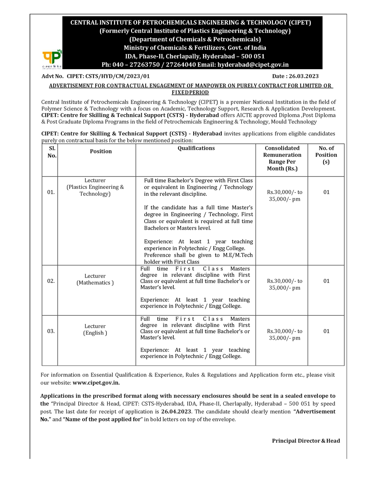 Advertisement - Advt No. CIPET: CSTS/HYD/CM/2023/01 Date : 26 ...