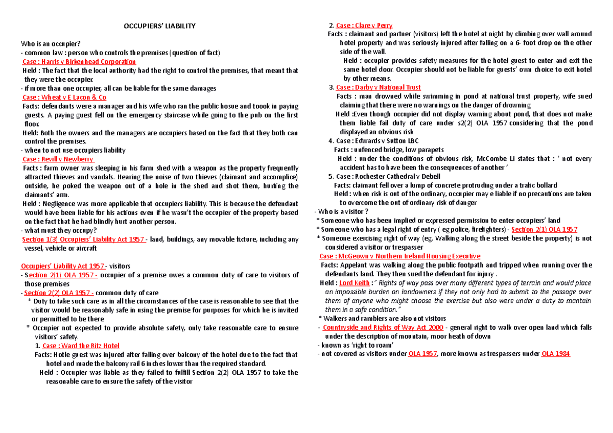 Liability of Occupiers: Common Law and Case Examples - Studocu
