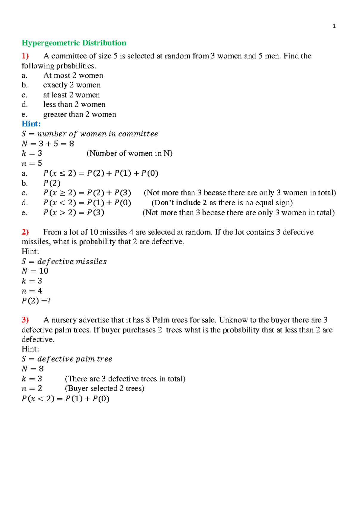 11. Hypergeometric distribution (Assign) - 1 Hypergeometric ...