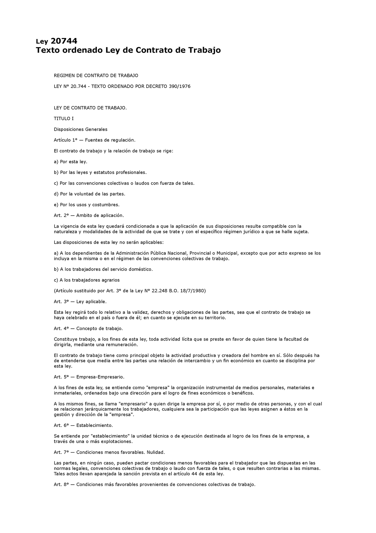 Ley 20744 Texto Ordenado Ley De Contrato 2023 - TITULO I Disposiciones ...