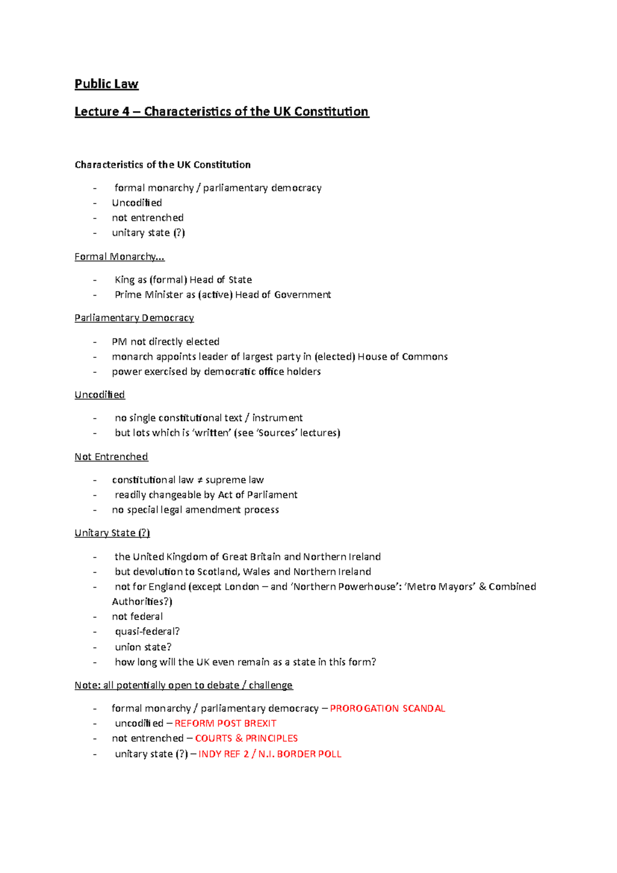 Lecture 4 Characteristics Of The Uk Constitution Public Law Lecture 4