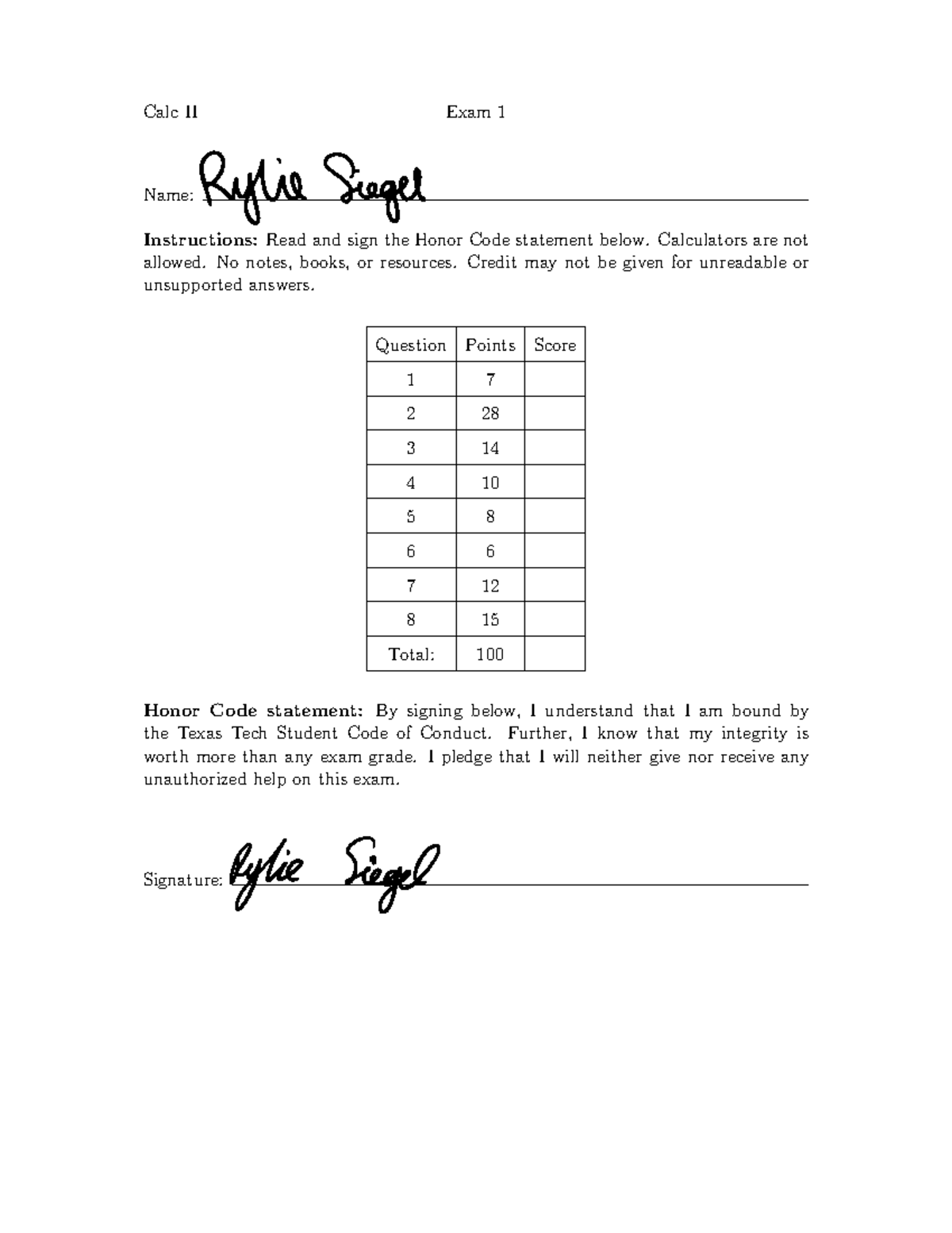 Exam 1 - Exam 1 - Calc II Exam 1 Name: Instructions: Read and sign the ...