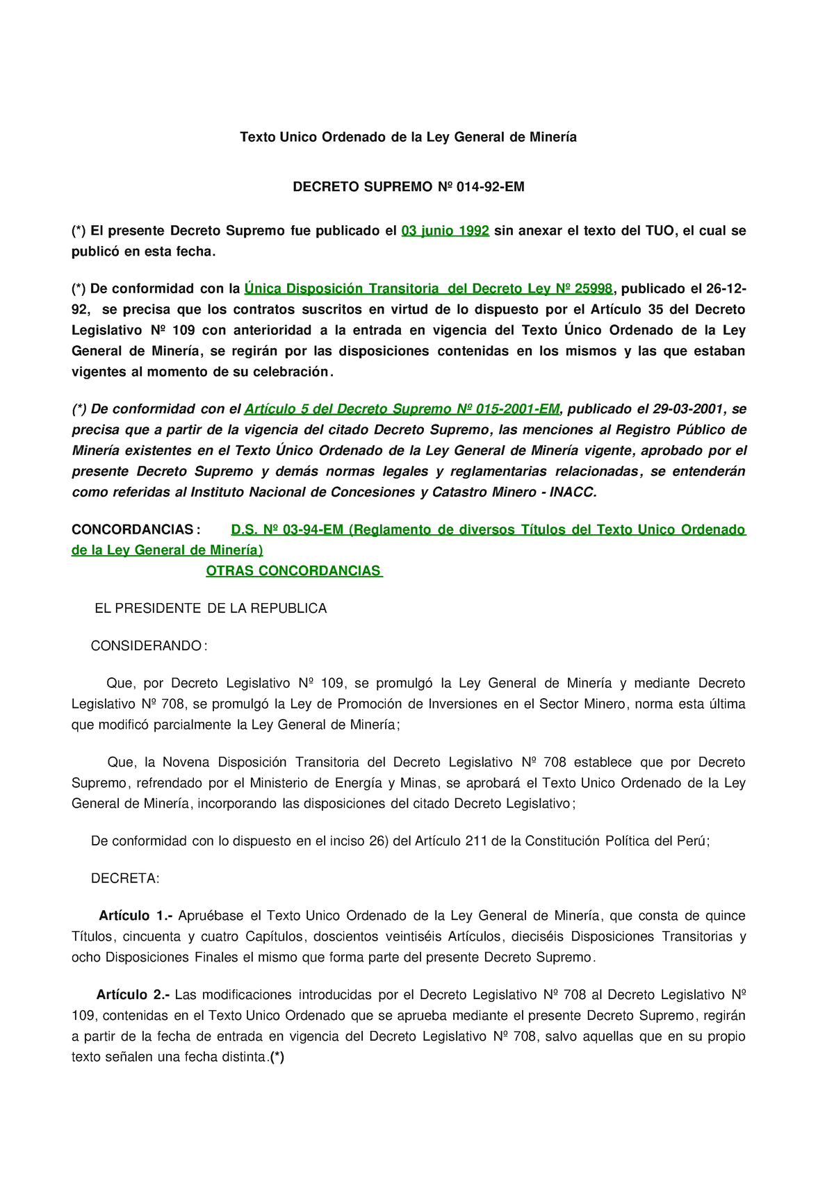 Texto Unico Ordenado De La Ley General De Minería - Texto Unico ...