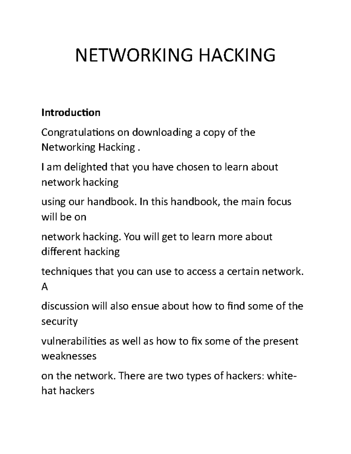 Networking Hacking NETWORKING HACKING Introduction Congratulations on