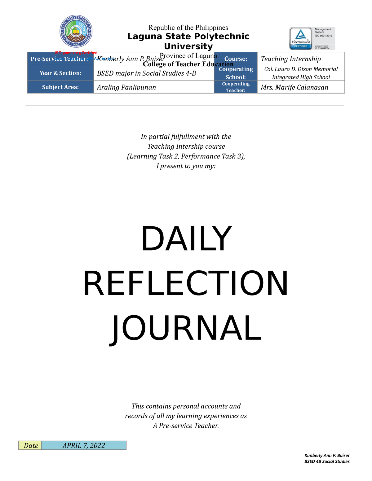 Daily Reflection Journal - Pre-Service Teacher: Kimberly Ann P. Buiser ...