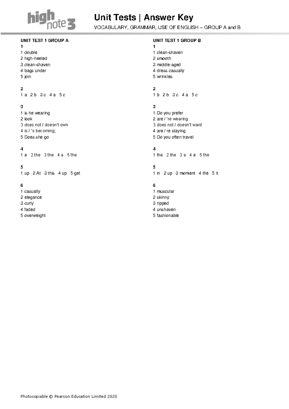 High Note 3 Unit Language Test Unit01 Group A B Answers - Unit Tests ...