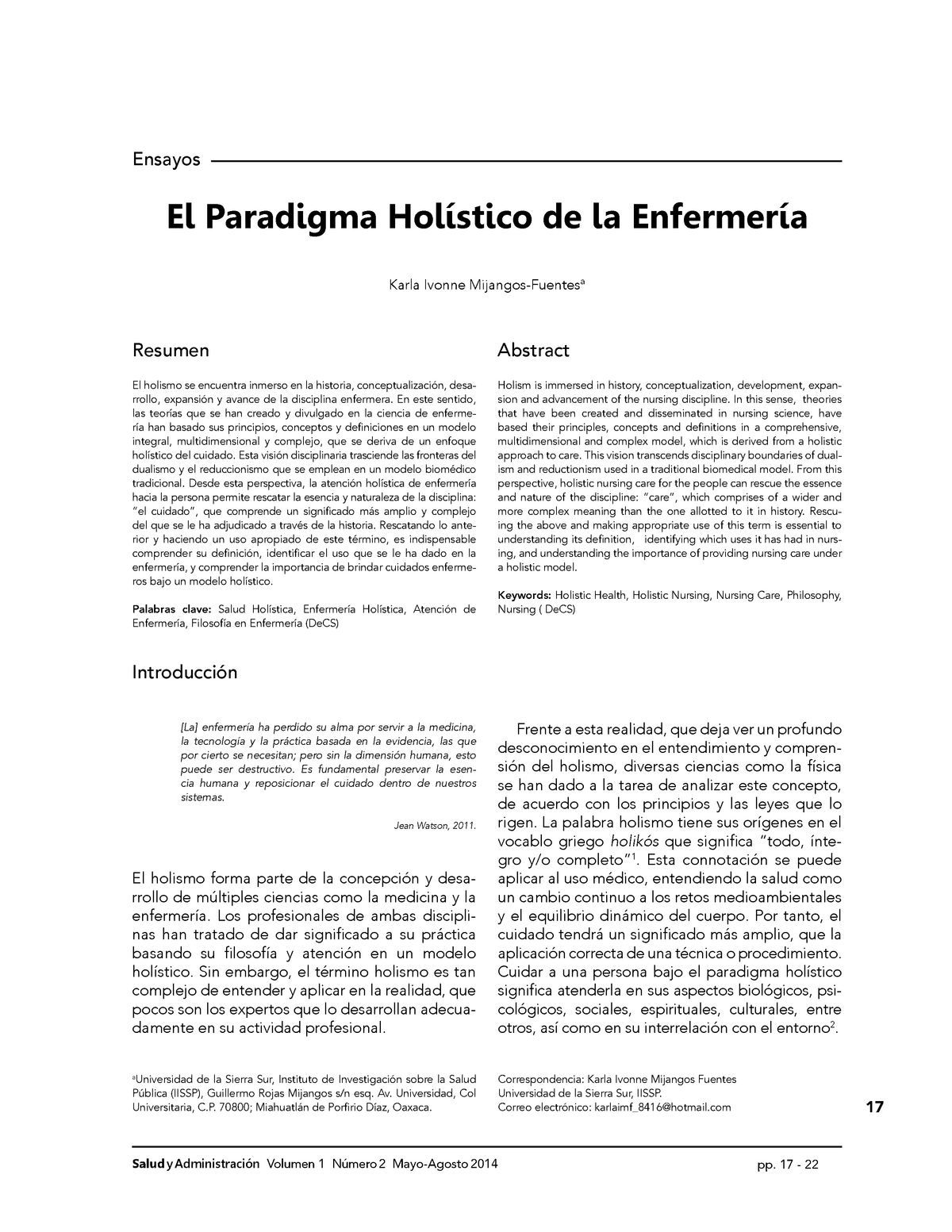 Cuidado holistico - Apuntes 1-2 - 17 Ensayos Salud y Administración Volumen  1 Número 2 Mayo-Agosto - Studocu