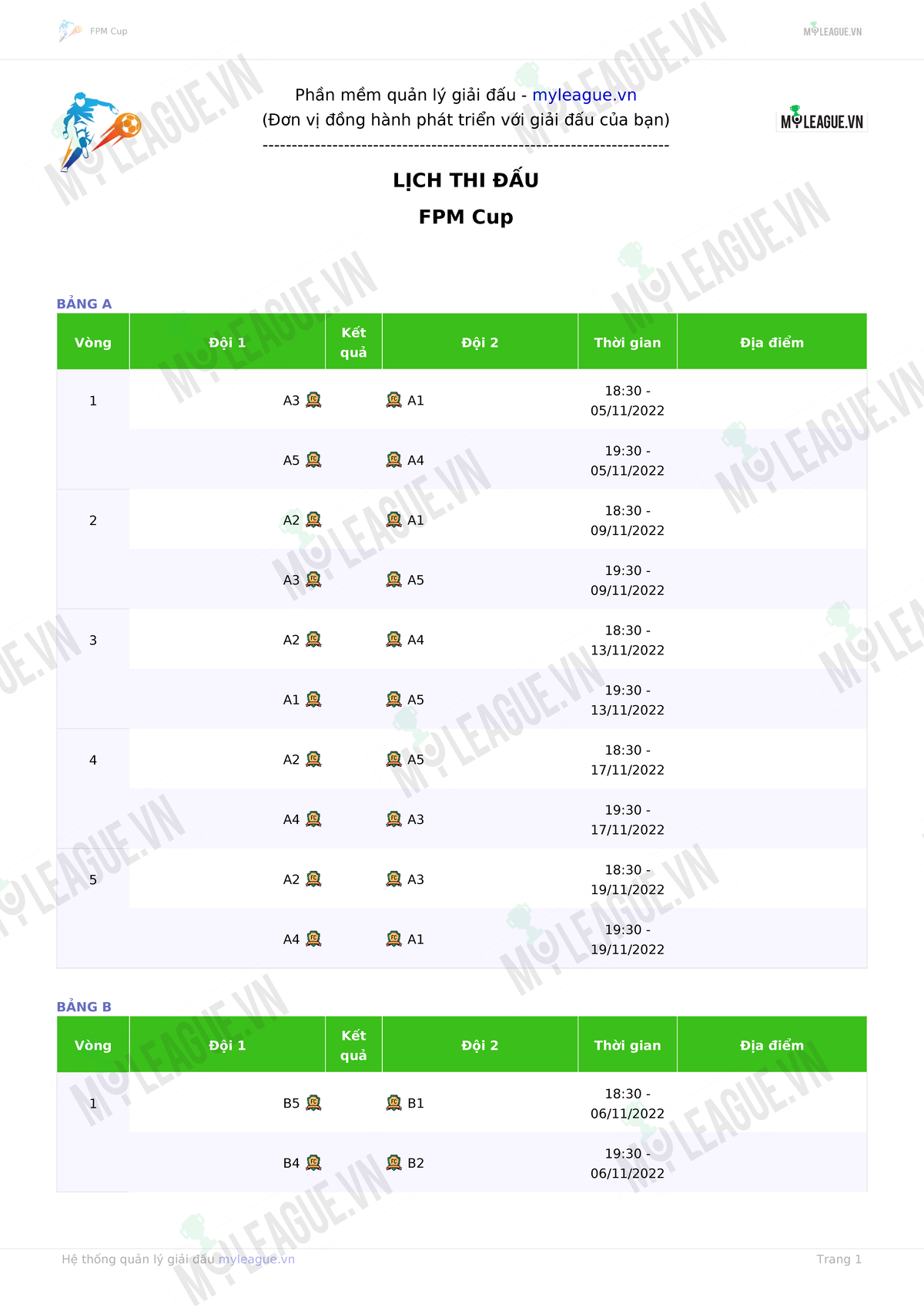 Lịch Thi đấu Vòng Bảng - Sangggg - FPM Cup Hệ Thống Quản Lý Giải đấu ...